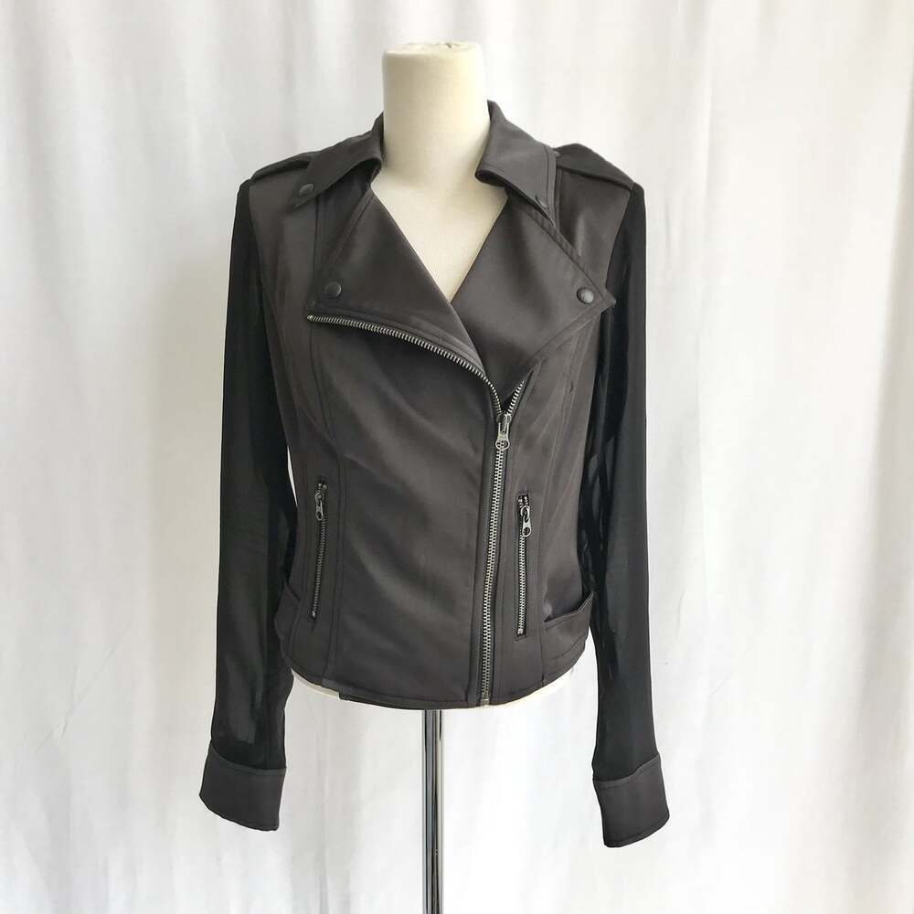 GUESS Black Sheer Sleeve Zipper Motto Blazer/Jacket With Pockets XS